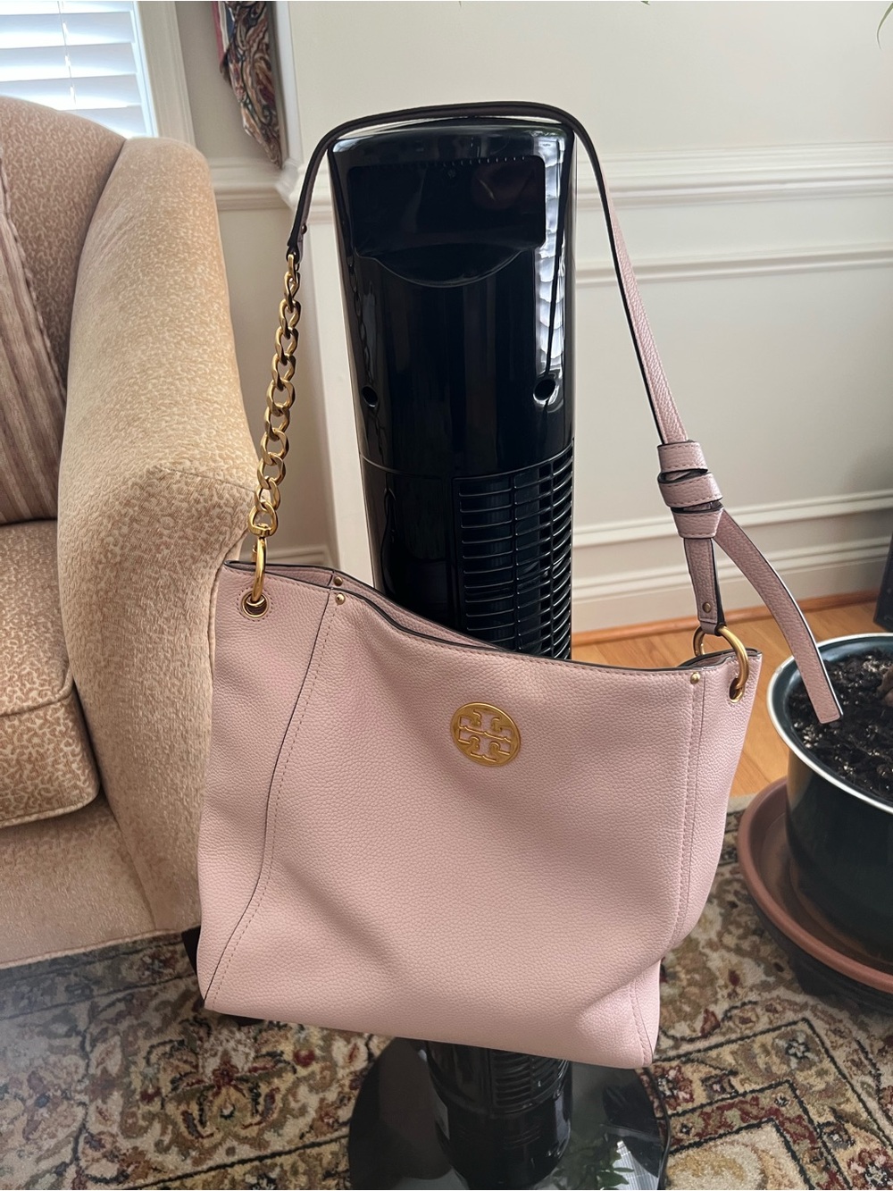 Tory Burch Blush Pebbled Leather Shoulder Tote with Gold Logo
